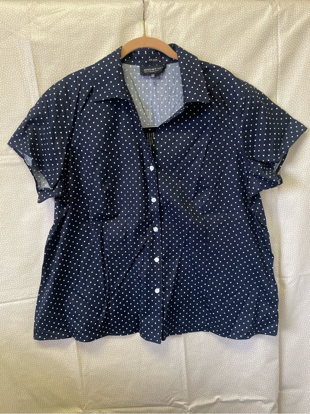 Jones New York Women's Navy Blue Polka Dot Button Down Shirt No Iron NWT 1X